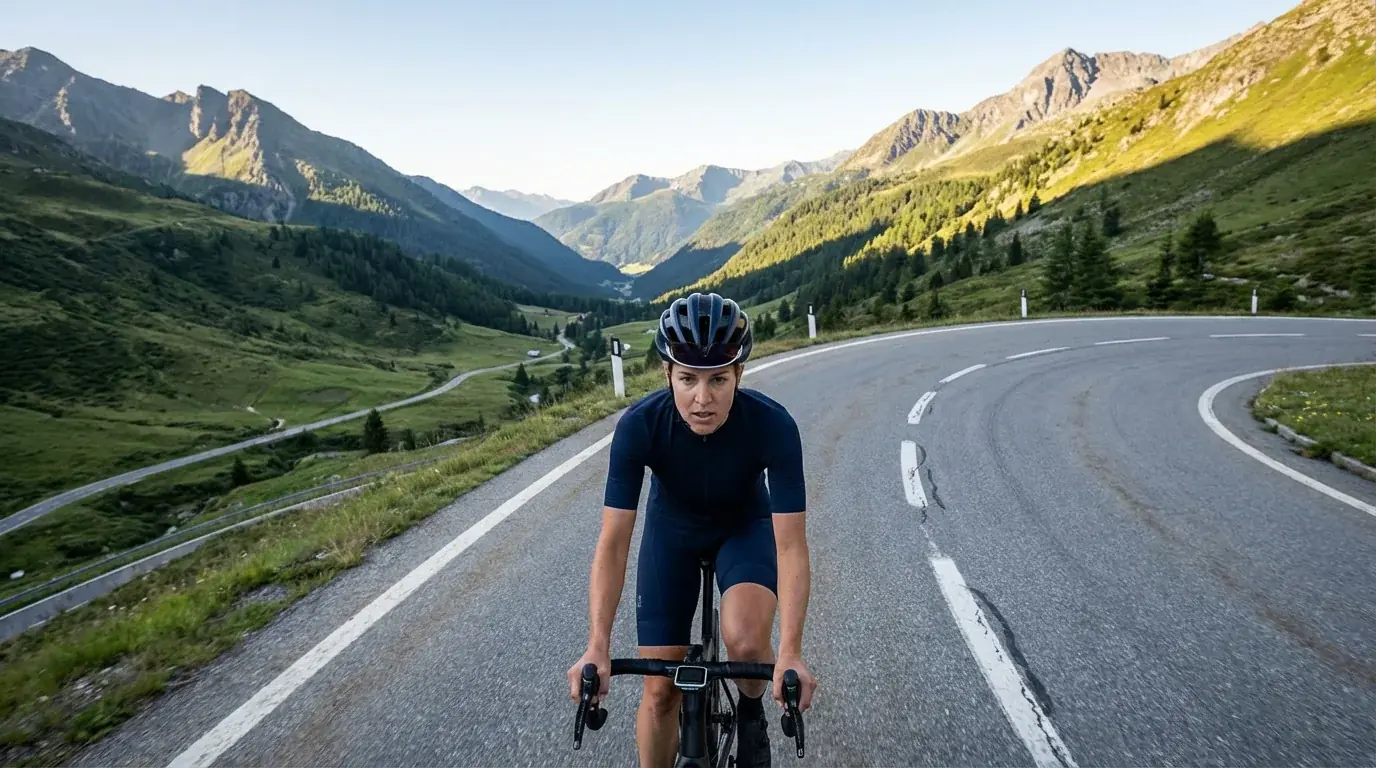 Ciclista profesional femenina entrenando en carretera de montaña con paisaje de alta montaña al fondo