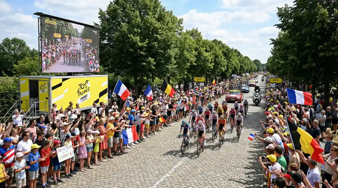 Espectadores siguiendo una etapa del Tour de France Femmes en una pantalla gigante junto a la carretera
