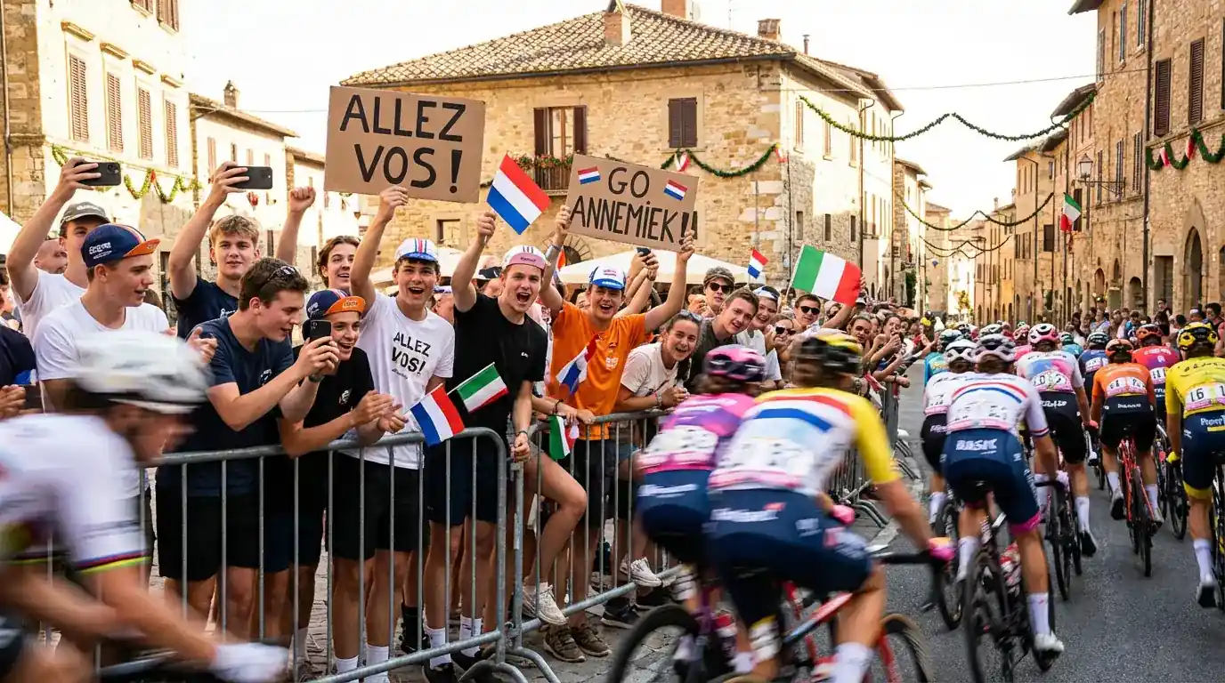 Aficionados jóvenes animando al pelotón femenino en el borde de una carretera durante una etapa del Tour de France Femmes
