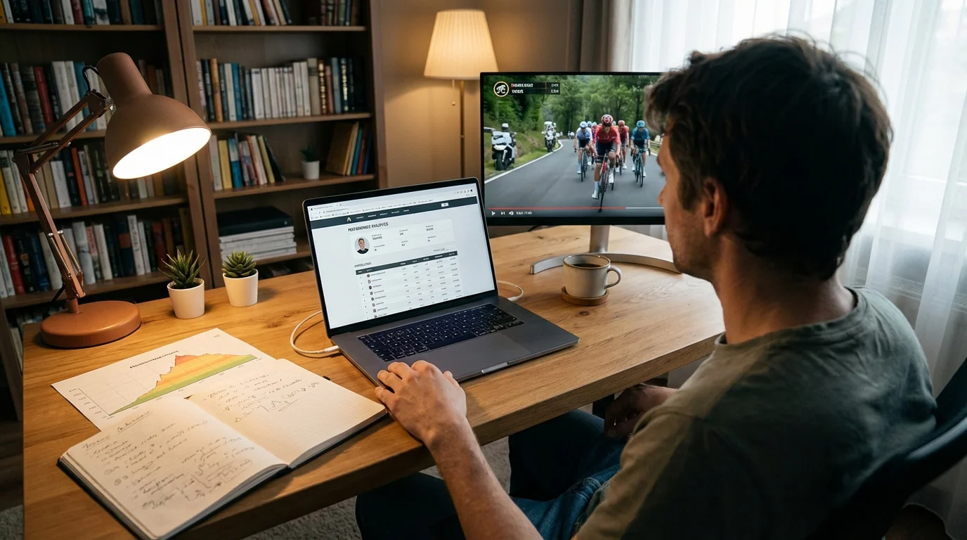 Analista revisando datos de rendimiento del pelotón femenino en una pantalla con estadísticas de ciclismo